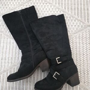 White Mountain Black Suede Mid-Calf Buckle Heeled Boots